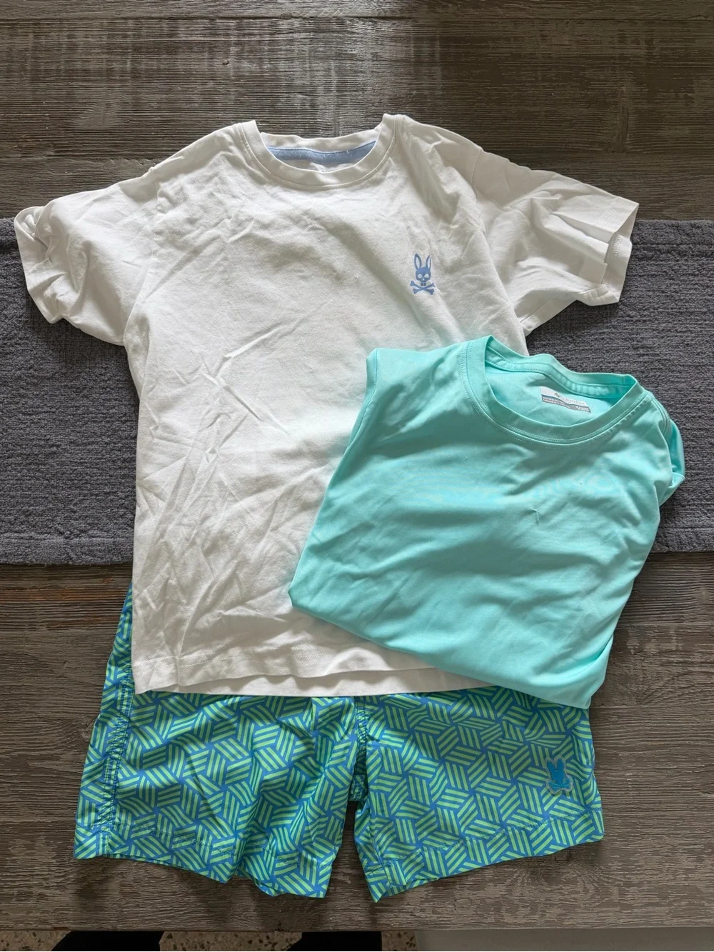 Psycho Bunny Boys’ Swim Trunks & Graphic Tee, and Columbia Rash Guard